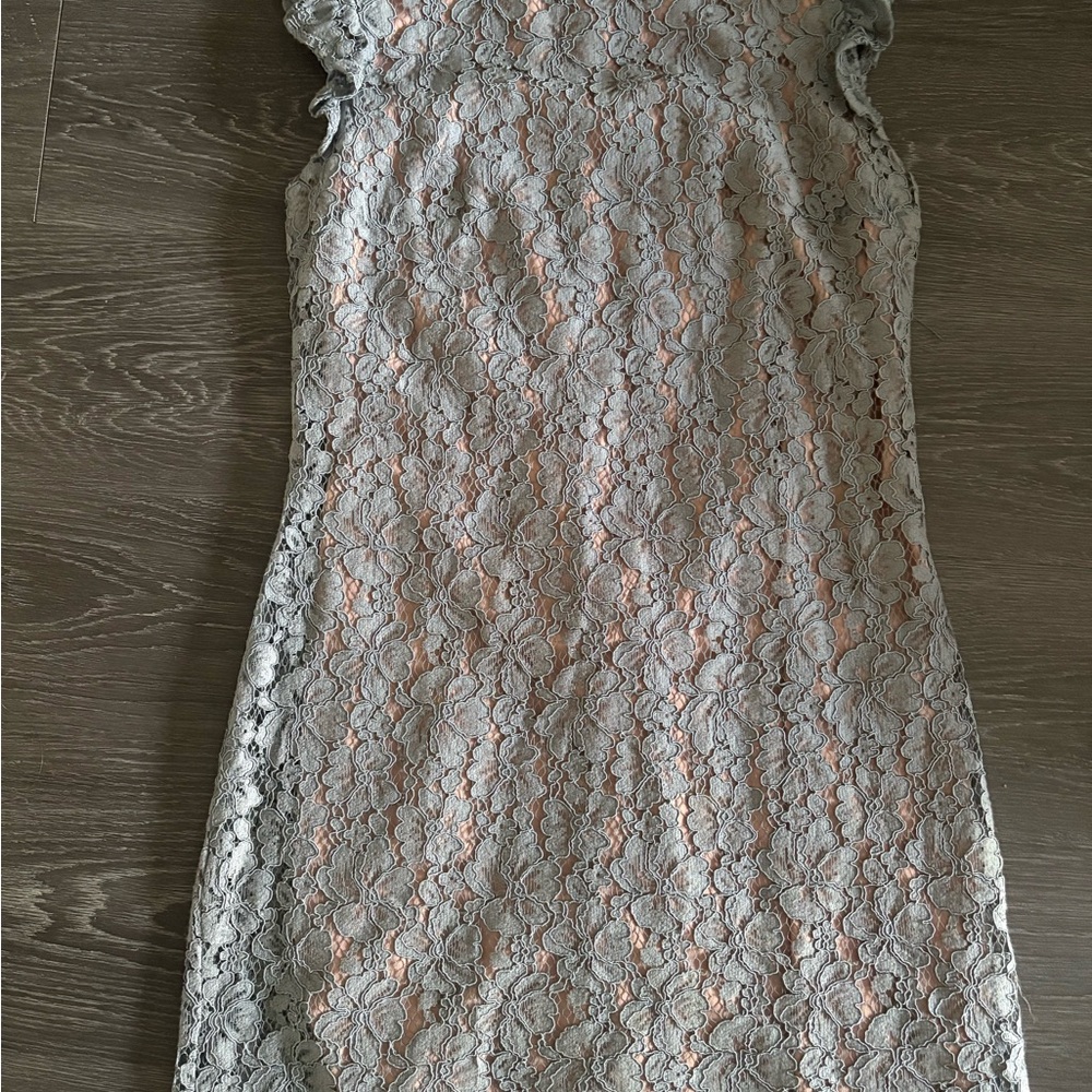 Tahari Elegant Gray Lace Midi Dress Size 10